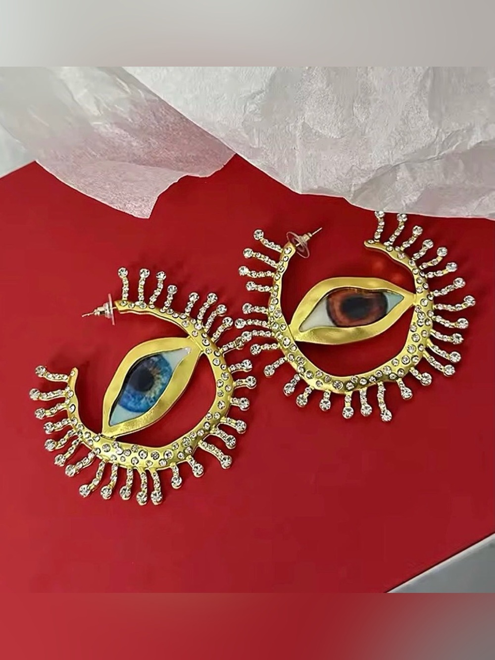 Gold Eye Hoop Earrings with Crystal Fringe - Blue & Amber Center